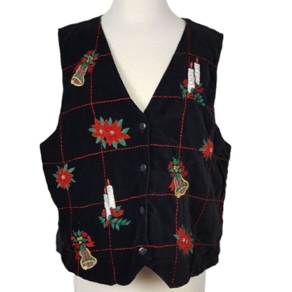 LISE J Vintage Cristmas Vest Women's Size Large Velvet Button Down Vintage - Picture 1 of 4